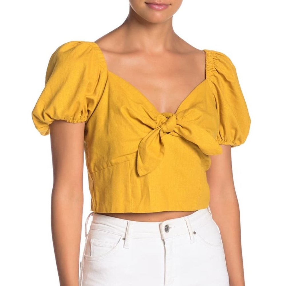 NWT Band of Gypsies Boho Yellow Tie Front Short Balloon Sleeves Linen Top, XS
